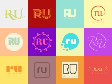 RU logo şirketi şablonu. R harfi ve senin logotin. Tasarım elemanları ile farklı klasik serif harfleri ve modern kalın metin ayarla. İlk yazı tipi tipografisi.