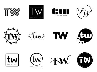 TW logo şirketi şablonu. Harf t ve w logoti. Tasarım elemanları ile farklı klasik serif harfleri ve modern kalın metin ayarla. İlk yazı tipi tipografisi.