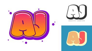 Festival ya da parti için AJ logo tasarımı. Graffiti tarzında ilk harf A ve J. Yazı tipi tipografisinin yaratıcı modern harfleri. Çocukların trend logoti ya da kimliği.
