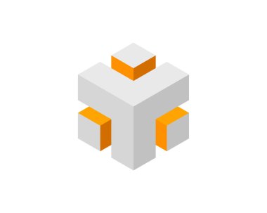 Küp logosu, geometrik vektör tasarımı. Kutu logoti şirketi, piksel biçiminde moda teknoloji amblemi.