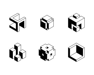 Siyah ve beyaz küp logosu, geometrik vektör tasarımı. Kutu logoti şirketi, izometrik 3 boyutlu teknoloji amblemi.