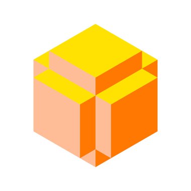 Küp logosu, geometrik vektör tasarımı. Kutu logoti şirketi, izometrik 3 boyutlu teknoloji amblemi.