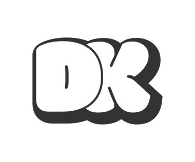 DK logosu, balon komedi harfleri, graffiti stili siyah beyaz siluet şeklinde yuvarlak. Festival partisi için moda okul öncesi D ve K harfi metni, kişisel baş harfler, çocuklar için funky prinky ve web.