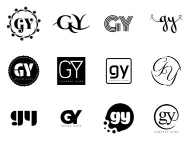 GY logo şirketi şablonu. G harfi ve y logosu. Tasarım elemanları ile farklı klasik serif harfleri ve modern kalın metin ayarla. İlk yazı tipi tipografisi.