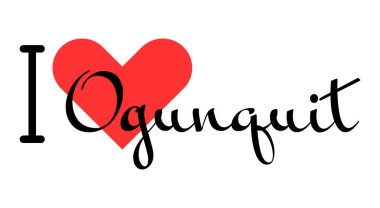 Birleşik Devletler 'in Ogunquit şehrini seviyorum. Kırmızı kalpli el yazısıyla yazılmış mektuplar. Vektör illüstrasyonu, modern tasarım