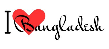 Bangladeş 'i seviyorum. Kırmızı kalpli el yazısıyla yazılmış mektuplar. Vektör illüstrasyonu, modern tasarım harfleri