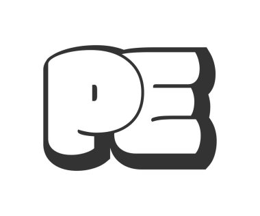 Beden eğitimi logosu, karikatür harfleri, graffiti stili siyah beyaz siluet. Festival partisi için popüler anaokulu P ve E harfi metni, kişisel baş harfler, çocuklar için funky prinky ve web.