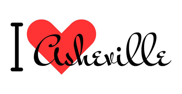 I love Asheville, city of United States. Hand drawn letters with red heart. Vector illustration lettering, modern design