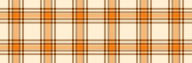 Yüzeysel geçmiş kontrolü dokusu, yinelenen kumaş deseni. Beyaz badem ve turuncu renk paletinde ipeksi ekosesiz vektör tartan..