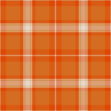 Yeni tekstil kumaşı pürüzsüz, vektör dokusu arka planına etki ediyor. Folklor desenli tartan ekoseli çikolata ve turuncu renk paleti.