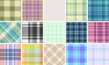 Renkli ekose desenler, damalı tasarımlar ve gingham esinlenilmiş çizgiler. Tekstil, kumaş, giysi veya eski moda İskoç estetiği olan duvar kağıdı için idealdir..