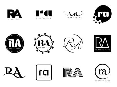 RA logo şirketi şablonu. R harfi ve logoti. Tasarım elemanları ile farklı klasik serif harfleri ve modern kalın metin ayarla. İlk yazı tipi tipografisi.