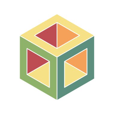 Küp logosu, geometrik vektör tasarımı. Kutu logoti şirketi, izometrik 3 boyutlu teknoloji amblemi.