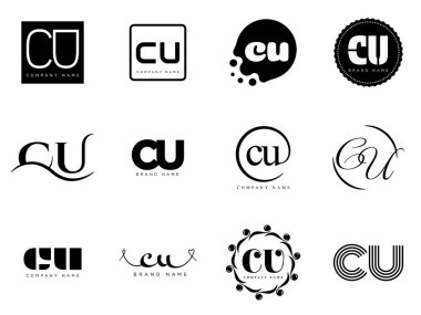 CU logo company template. Letter c and u logotype. Set different classic serif lettering and modern bold text with design elements. Initial font typography. clipart