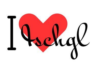 Avusturya 'nın Ischgl şehrini seviyorum. Kırmızı kalpli el yazısıyla yazılmış mektuplar. Vektör illüstrasyonu, modern tasarım