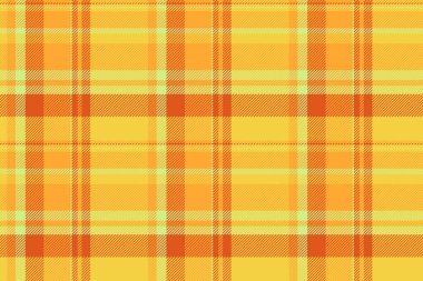 Tebrik kartı kumaş arkaplan tartan, kadın dokusu tekstil deseni. Terzi vektör ekoseli turuncu ve sarı renklerde..