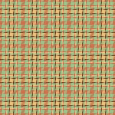 Kağıt kumaştan ekose kumaş, 40 'ların doku vektör arkaplanı. Sabit desenli turuncu ve pastel renk paleti ile dikey tartan denetimi.