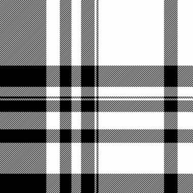 Sade tartan desenli kumaş, kapalı alanda dikişsiz doku kontrolü. Beyaz ve siyah renk paletinde rahat arka plan ekose vektör tekstili.