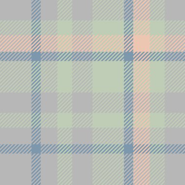 70 'lerin desenli ekose kumaşı, dikey kontrol, kusursuz arka plan. Pastel ve gri renk paletinde panço tartan doku vektörü.