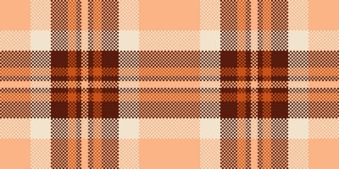Şekilsiz ekose kumaş, geniş tartan desenli tekstil. Turuncu ve kırmızı renk paletinde doku arka plan vektörünü kontrol et.