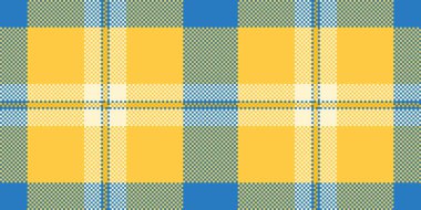 Karnaval tartan desenli vektör, geleneksel kumaş arkaplanı pürüzsüz. Makara ekoseli kumaş dokusunu kehribar ve cyan renk paletinde kontrol et.