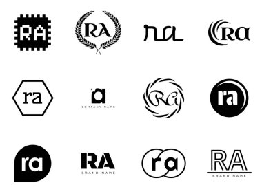 RA logo şirketi şablonu. R harfi ve logoti. Tasarım elemanları ile farklı klasik serif harfleri ve modern kalın metin ayarla. İlk yazı tipi tipografisi.