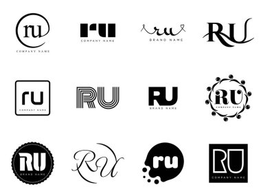 RU logo şirketi şablonu. R harfi ve senin logotin. Tasarım elemanları ile farklı klasik serif harfleri ve modern kalın metin ayarla. İlk yazı tipi tipografisi.