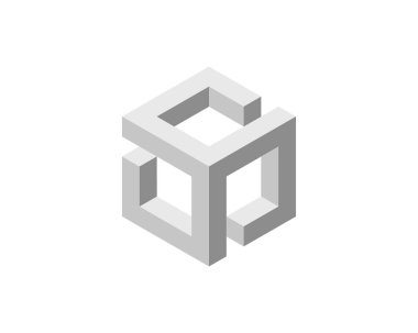 Küp logosu, geometrik vektör tasarımı. Kutu logoti şirketi, piksel biçiminde moda teknoloji amblemi.