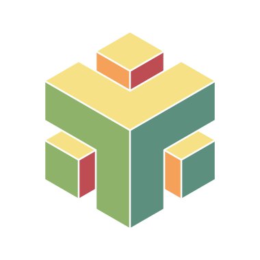 Küp logosu, geometrik vektör tasarımı. Kutu logoti şirketi, izometrik 3 boyutlu teknoloji amblemi.