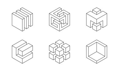 Siyah ve beyaz küp logosu, geometrik vektör tasarımı. Kutu logoti şirketi, izometrik 3 boyutlu teknoloji amblemi.