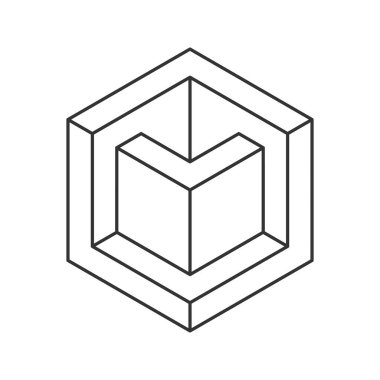 Küp logosu, geometrik vektör tasarımı. Tek renkli kutu logoti şirketi, izometrik çizgi biçiminde moda teknoloji amblemi.