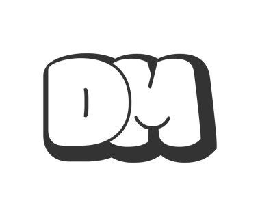 DM logosu, balon komedi harfleri, graffiti stili siyah beyaz siluet ile yuvarlanmış. Festival partisi için modaya uygun okul öncesi D ve M harfi metni, kişisel baş harfler, çocuklar için funky print ve web.