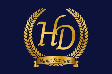 İlk harf H ve D, defne çelenkli HD monogram logo tasarımı. Kaligrafi yazı tipli lüks altın amblem.