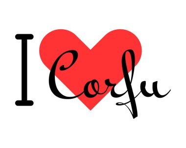 Korfu 'yu seviyorum, Yunanistan' ı. Kırmızı kalpli el yazısıyla yazılmış mektuplar. Vektör illüstrasyonu, modern tasarım