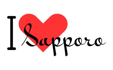 Japonya 'nın Sapporo şehrini seviyorum. Kırmızı kalpli el yazısıyla yazılmış mektuplar. Vektör illüstrasyonu, modern tasarım