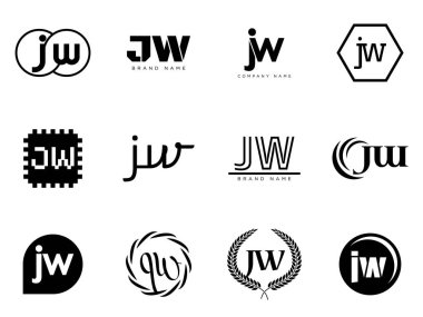 JW logo şirketi şablonu. J harfi ve w logoti. Tasarım elemanları ile farklı klasik serif harfleri ve modern kalın metin ayarla. İlk yazı tipi tipografisi.