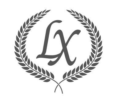 İlk harf L ve X, LX monogram logo tasarımı defne çelengi. Kaligrafi yazı tipli lüks amblem.