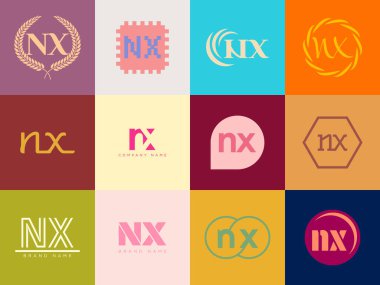 NX logo company template. Letter n and x logotype. Set different classic serif lettering and modern bold text with design elements. Initial font typography. clipart