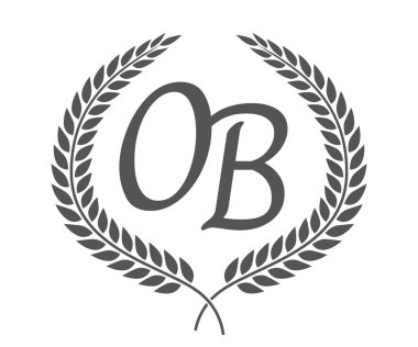 İlk harf O ve B, defne çelenkli OB monogram logo tasarımı. Kaligrafi yazı tipli lüks amblem.