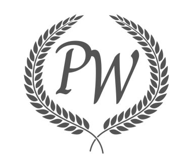 Baş harf P ve W, defne çelenkli PW monogram logo tasarımı. Kaligrafi yazı tipli lüks amblem.