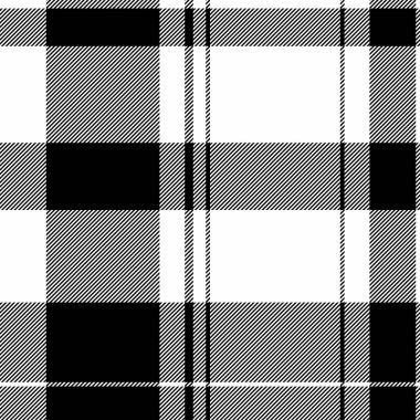 Birçoğu deseni kusursuz, kumaş arkaplan tekstilini kontrol ediyor. Beyaz ve siyah renk paletinde detaylı desenli tartan ekose vektörü.