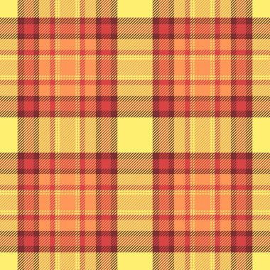 Ekose desenli akış, boya kumaş taraması. Sevimli doku tekstil vektörü kırmızı ve sarı renk paletinde pürüzsüz.