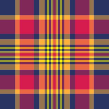 Konforlu dikişsiz kumaş ekoseli, çeşitli tekstil kontrolleri. Turuncu ve mavi renk paletinde eski püskü desenli tartan vektörü.