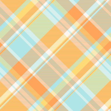 Podyum kontrol vektör şablonu, mat kumaş dokusu tekstili. Yaratıcılık turuncu ve açık renk paletiyle kusursuz ekoseli arkaplan.