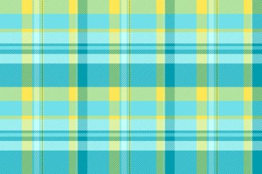 Üst tartan doku vektörü, düzenli kumaş arkaplan deseni. Cyan ve sarı renk paletinde ekoseli kumaş kontrolü yapın.