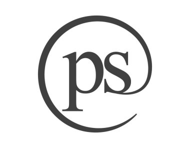Çember şeklinde e-posta işareti tarzında iki harften oluşan PS logosu. P ve S, iş şirketinin yuvarlak logosu