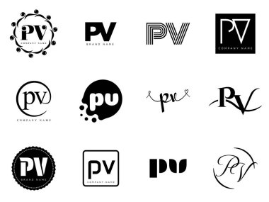PV logo şirketi şablonu. P ve V harfleri logoti. Tasarım elemanları ile farklı klasik serif harfleri ve modern kalın metin ayarla. İlk yazı tipi tipografisi.
