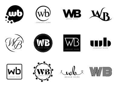 WB logo şirketi şablonu. Harf w ve b logoti. Tasarım elemanları ile farklı klasik serif harfleri ve modern kalın metin ayarla. İlk yazı tipi tipografisi.