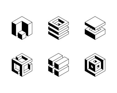 Siyah ve beyaz küp logosu, geometrik vektör tasarımı. Kutu logoti şirketi, izometrik 3 boyutlu teknoloji amblemi.