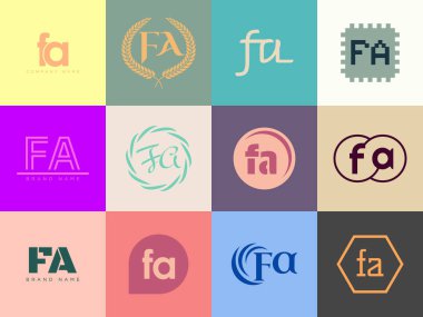 FA logo şirketi şablonu. F harfi ve logoti. Tasarım elemanları ile farklı klasik serif harfleri ve modern kalın metin ayarla. İlk yazı tipi tipografisi.